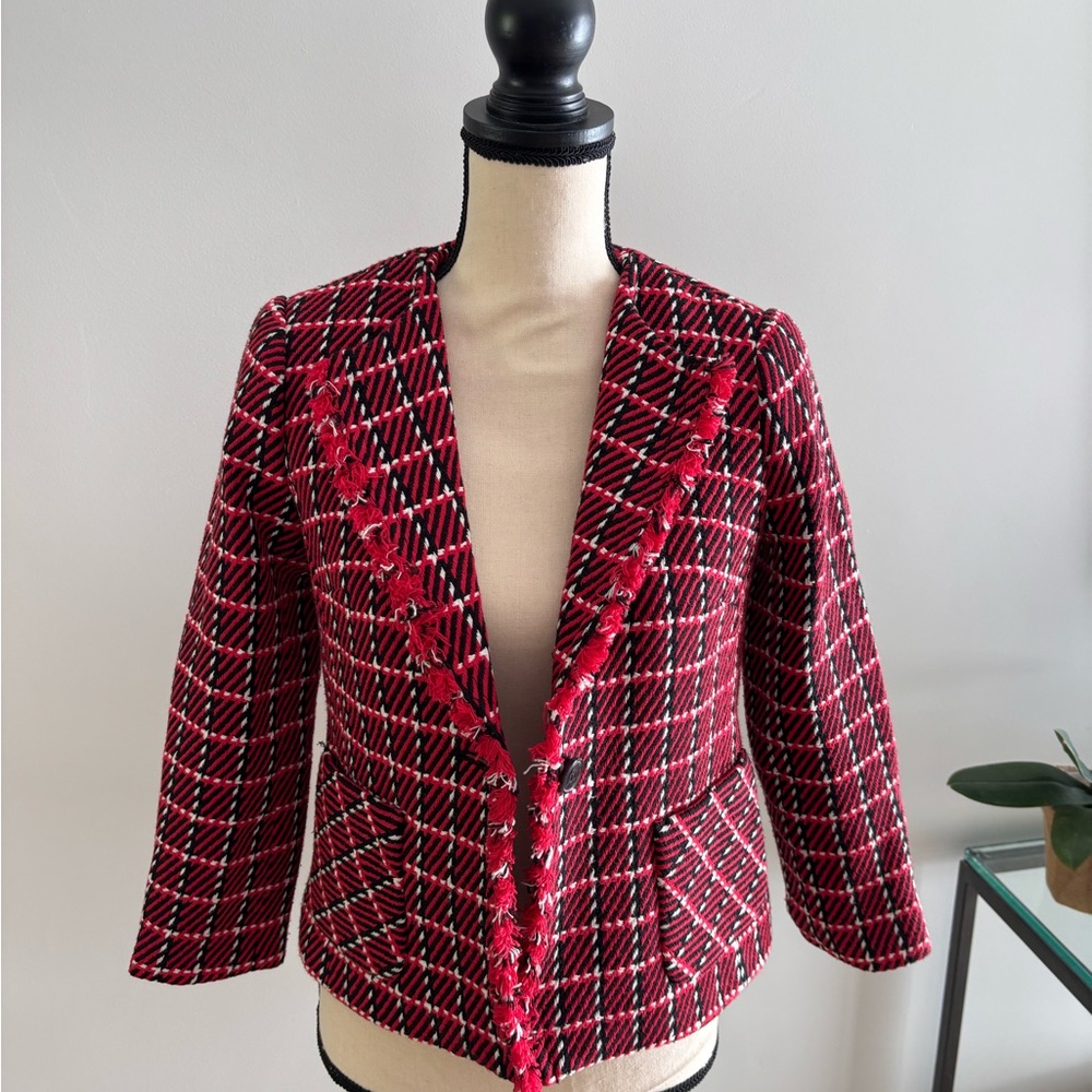 Talbots Tweed Red and Black Plaid Blazer in Excellent/like new condition.